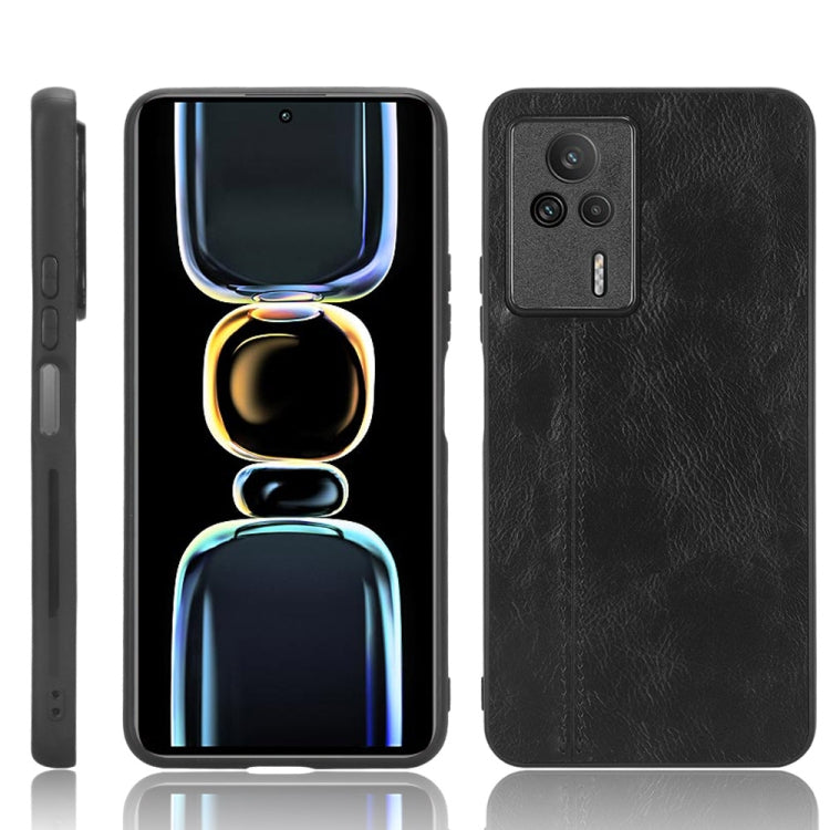 Black faux leather phone case with camera cutouts and front multicolor neon figure design