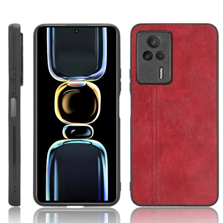 Red faux leather phone case with camera cutouts and front multicolor neon figure design