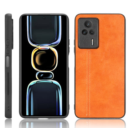 Orange faux leather phone case with camera cutouts and front multicolor neon figure design