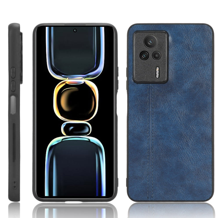Blue faux leather phone case with camera cutouts and front multicolor neon figure design