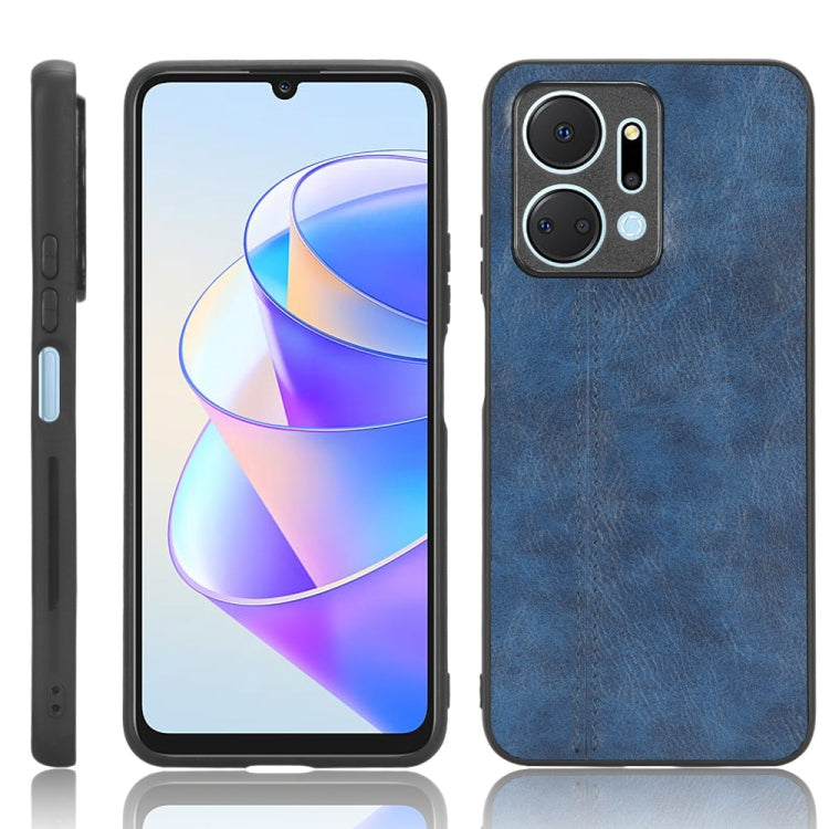 Textured blue leather-style phone case with camera cutouts and raised edges
