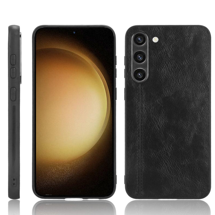 Black leather-look phone case with stitched edge and camera cutouts
