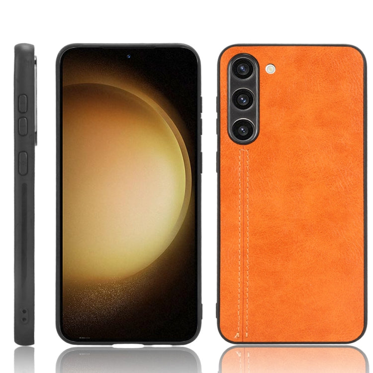 Orange leather-look phone case with stitched edge and camera cutouts