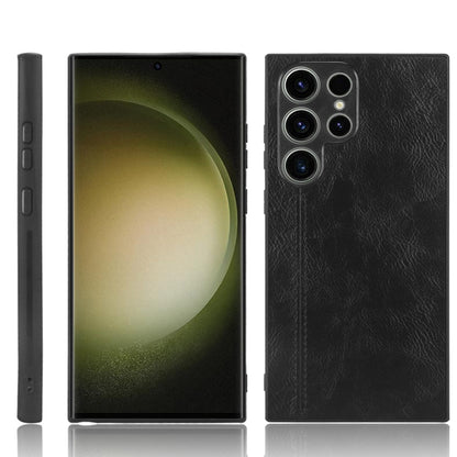 Black leather-look phone case with triple camera cutouts and stitched edge