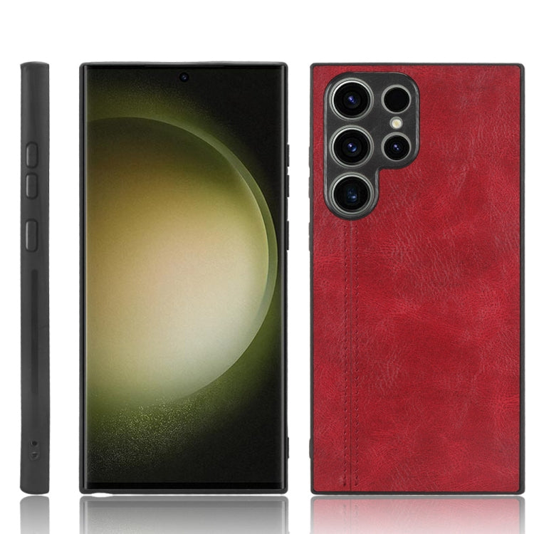 Red leather-look phone case with triple camera cutouts and stitched edge
