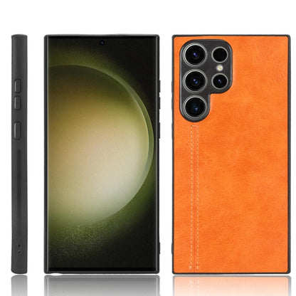 Orange leather-look phone case with triple camera cutouts and stitched edge