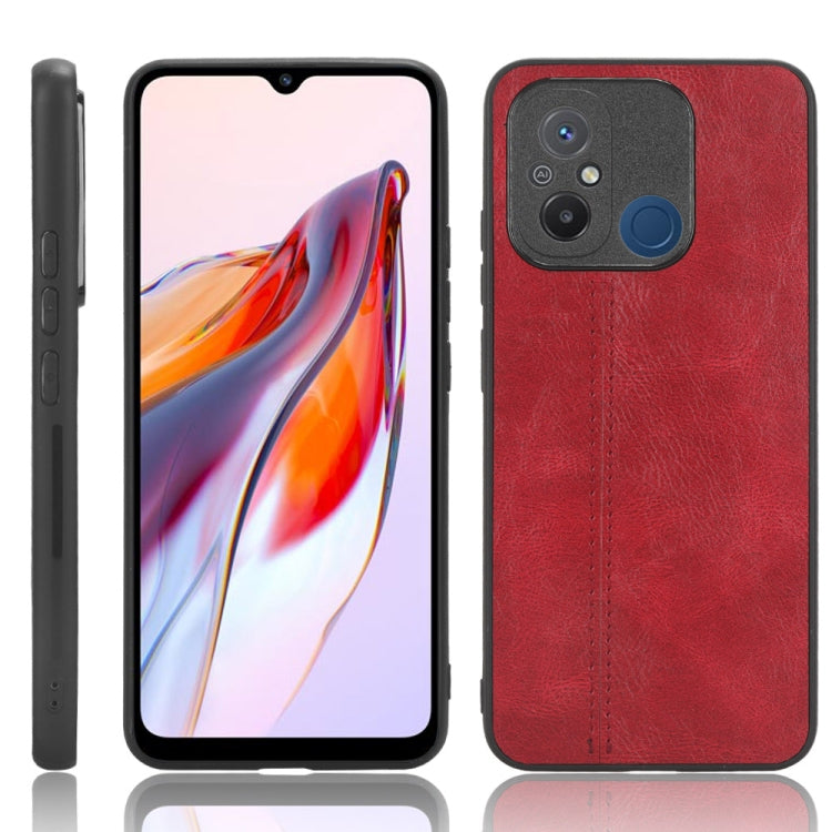 Red faux leather phone case, front/back view, stitched seams, camera cutouts