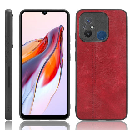 Red faux leather phone case, front/back view, stitched seams, camera cutouts
