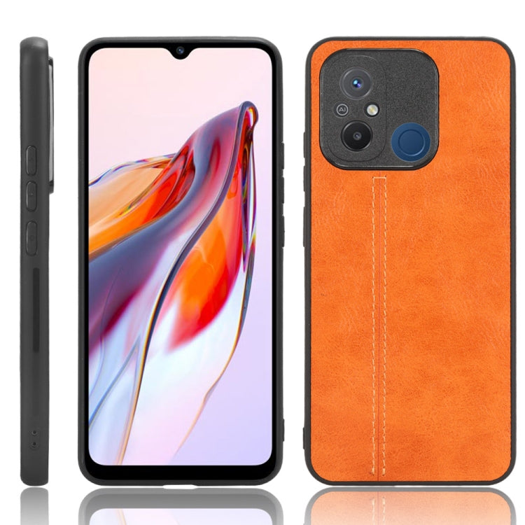 Orange faux leather phone case, front/back view, stitched seams, camera cutouts