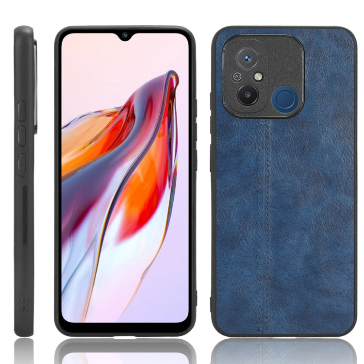 Blue faux leather phone case, front/back view, stitched seams, camera cutouts