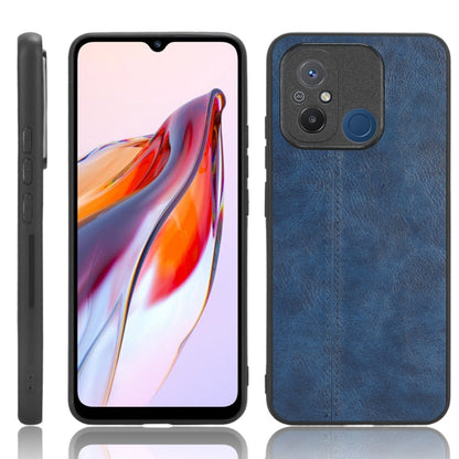 Blue faux leather phone case, front/back view, stitched seams, camera cutouts