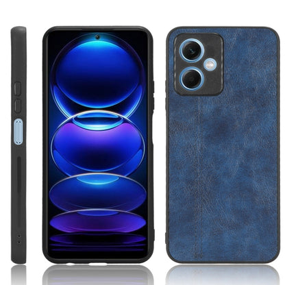 Blue faux leather phone case, back view, stitched seams and camera cutouts