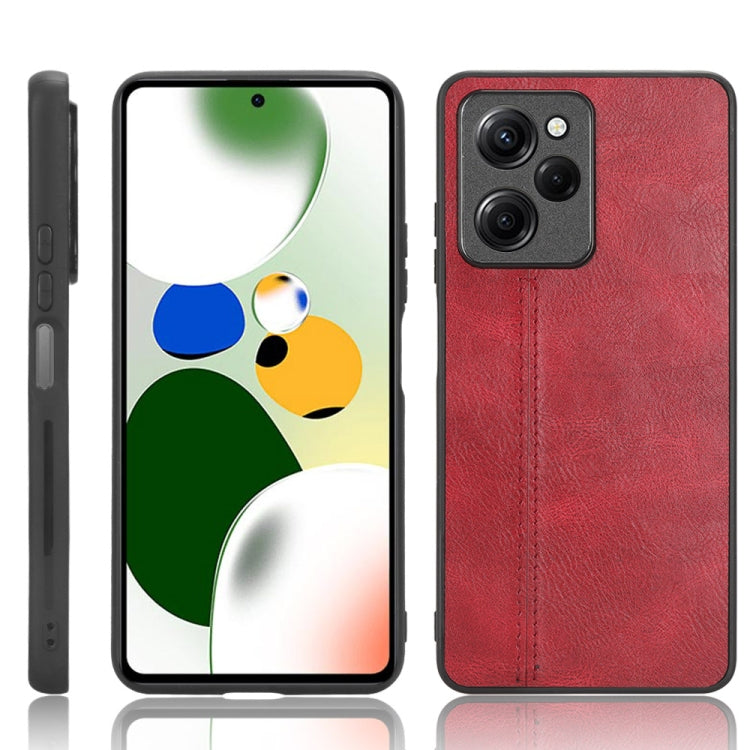 Red faux leather phone case, front/back view, stitched seams and camera cutouts