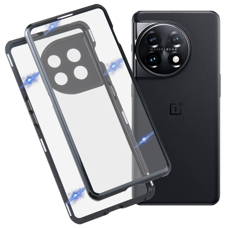 Black full-coverage magnetic tempered glass phone case with metal frame for OnePlus 11