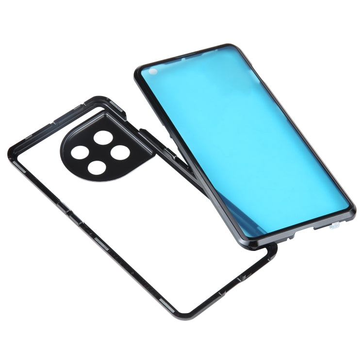 Black magnetic tempered glass phone case with metal frame for OnePlus 11, open front view