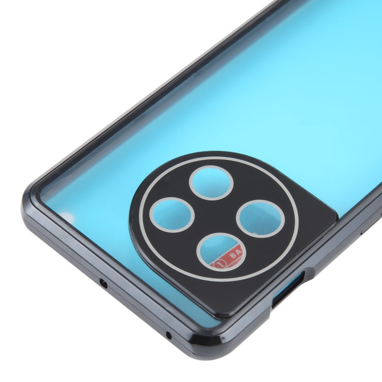 Black magnetic tempered glass phone case with metal frame for OnePlus 11, camera-area close-up