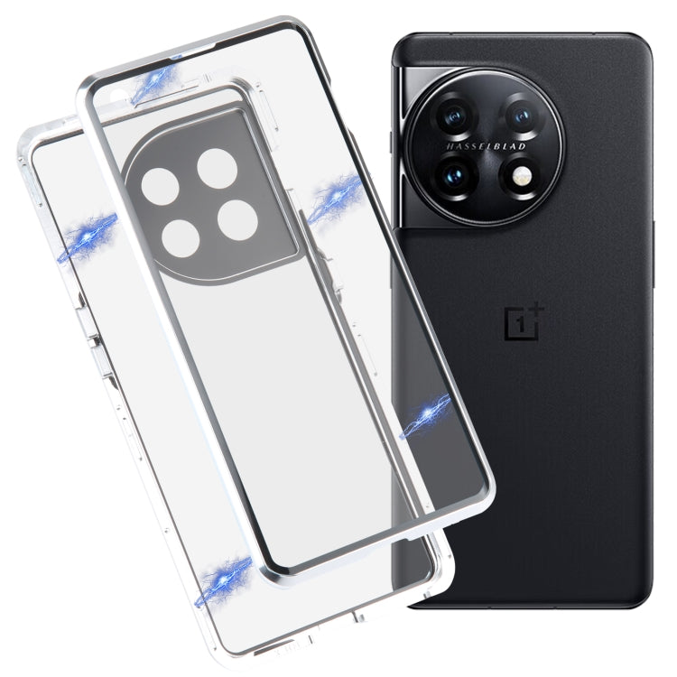 Clear magnetic tempered glass phone case with metal frame for OnePlus 11, front and back view