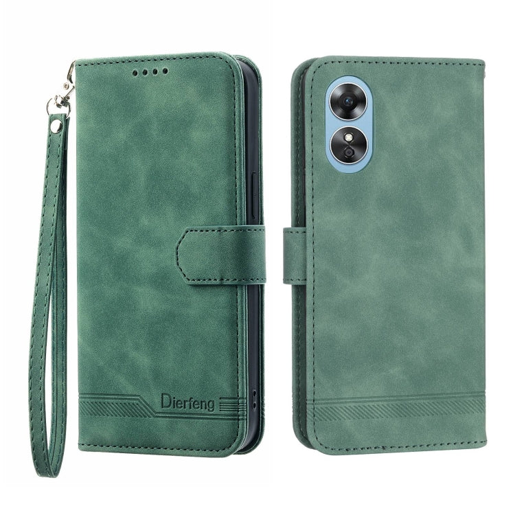 Green leather wallet phone case with flip cover, card slot, and wrist strap