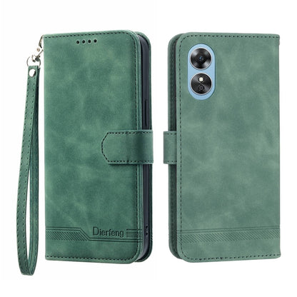 Green leather wallet phone case with flip cover, card slot, and wrist strap