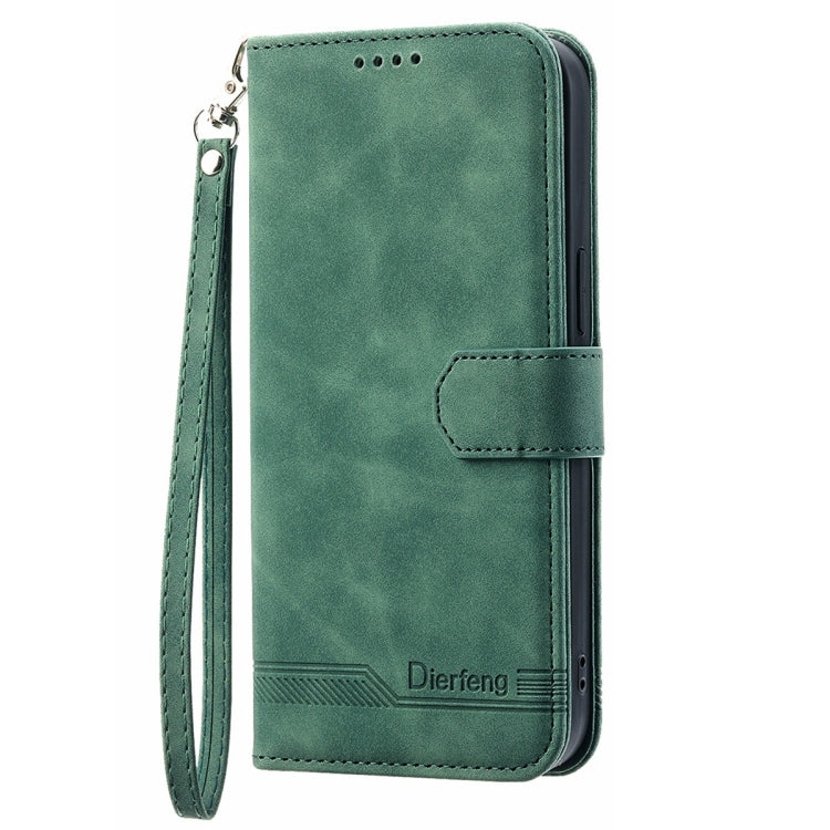 Green leather wallet-style phone case with flip cover and wrist strap