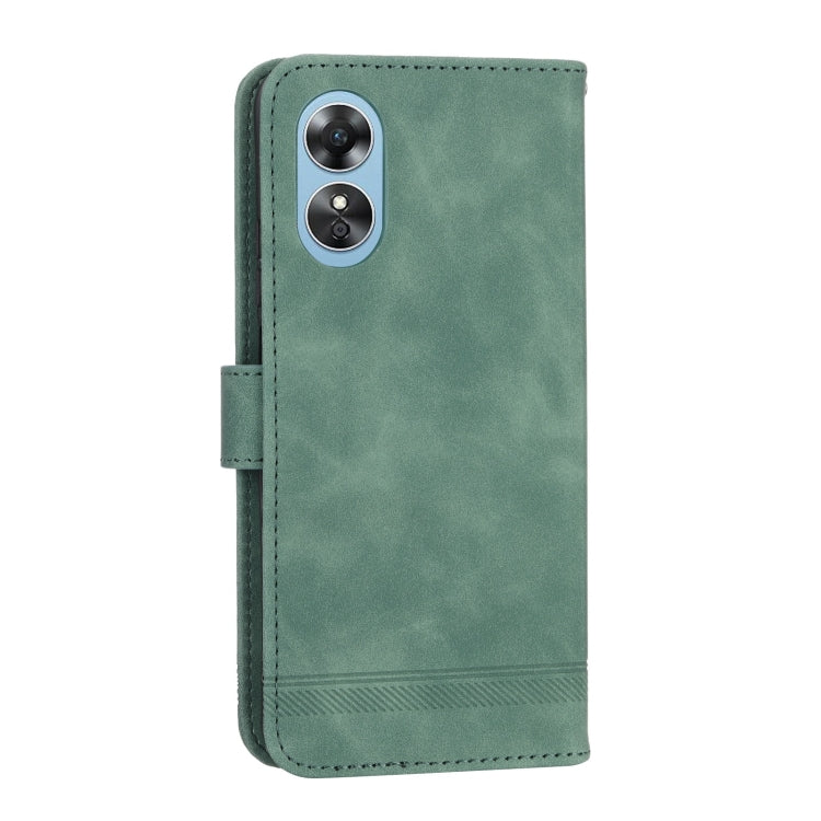 Green leather flip phone case with camera cutouts and card holder panel