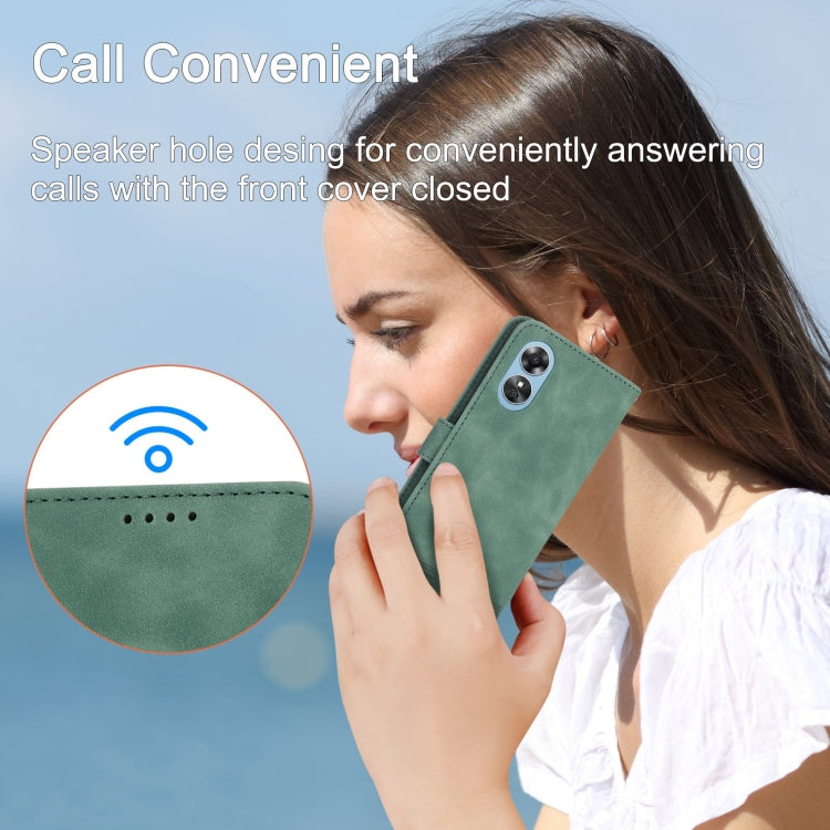 Green leather flip phone case with front speaker cutout for phone calls