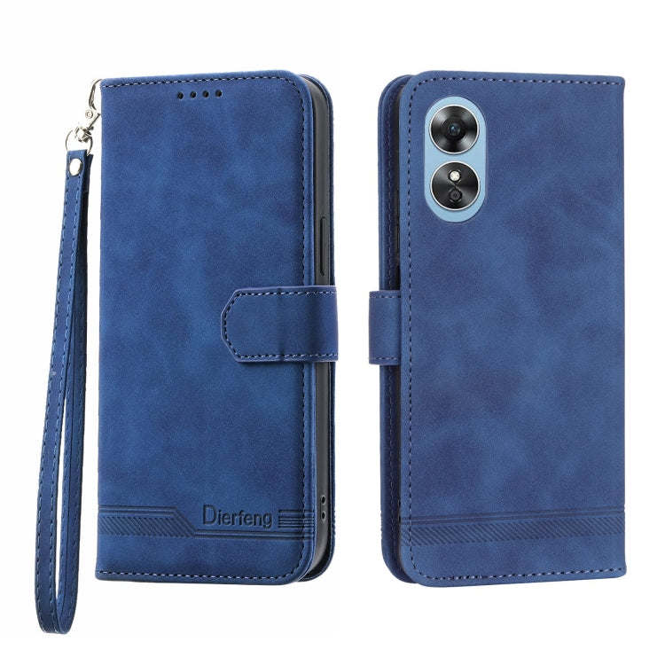 Blue leather wallet phone case with flip cover, card slot, and wrist strap
