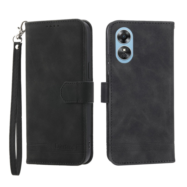 Black leather flip phone case for OPPO A1 Pro with wrist strap and dual camera cutouts