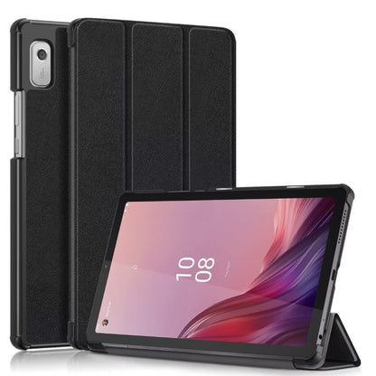Black 3-fold smart tablet case with textured cover and built-in stand for landscape viewing