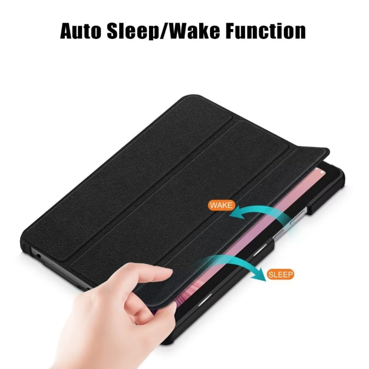 Black folio smart case with tri-fold cover, tablet propped in portrait stand position
