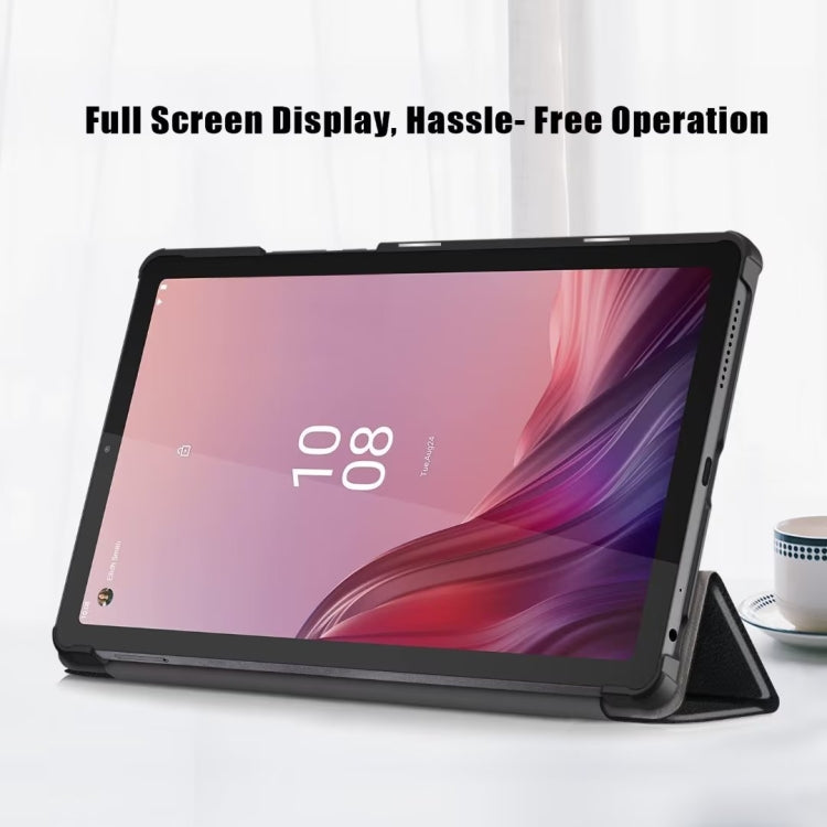 Black smart tablet case with tri-fold cover, tablet displayed in landscape stand mode