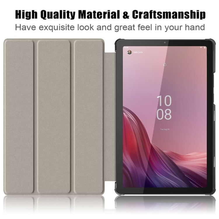Gray smart tablet case with tri-fold cover panels and tablet shown in landscape stand