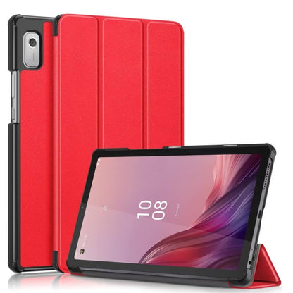 Red 3-fold smart tablet case with textured cover and built-in stand for landscape viewing
