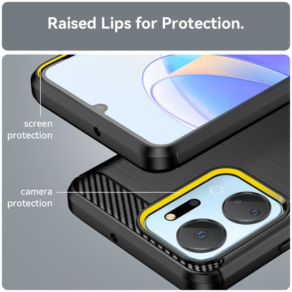 Brushed carbon fiber TPU phone case showing raised screen and camera lip protection