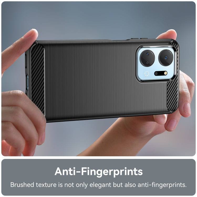 Brushed carbon fiber TPU phone case held in hands, with camera cutouts and buttons