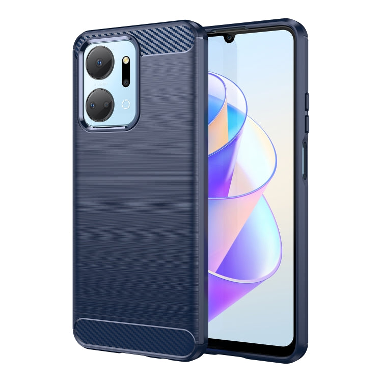 Brushed carbon fiber TPU phone case in blue with textured grip and camera cutouts