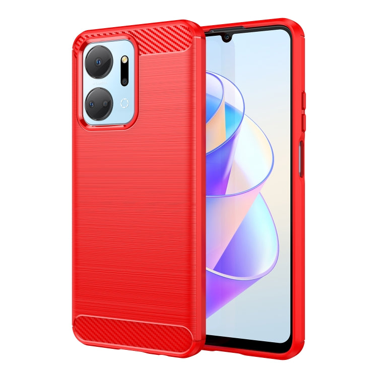 Brushed carbon fiber TPU phone case in red with textured grip and camera cutouts