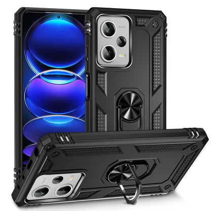 Black rugged phone case with camera cutouts and rotating kickstand ring holder