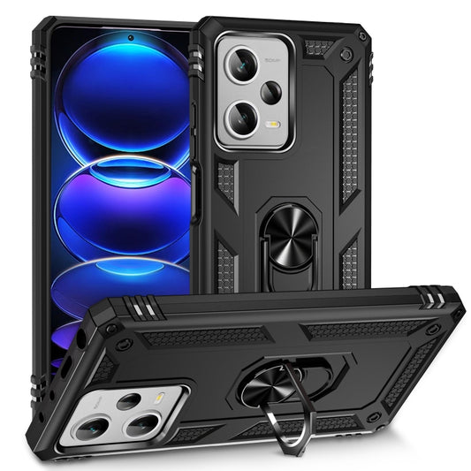 Black rugged phone case with camera cutouts and rotating kickstand ring holder