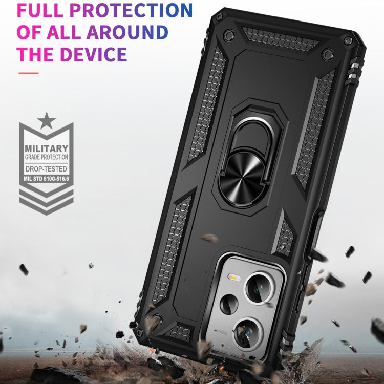 Black rugged phone case with built-in kickstand ring holder and raised camera bezel