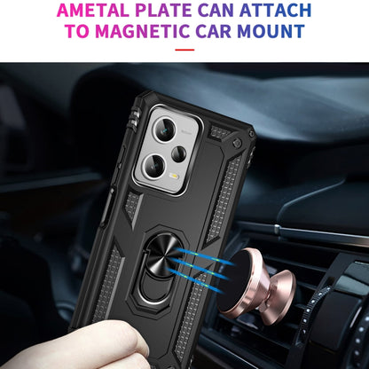 Black rugged phone case with kickstand ring plus metal plate for magnetic car mount