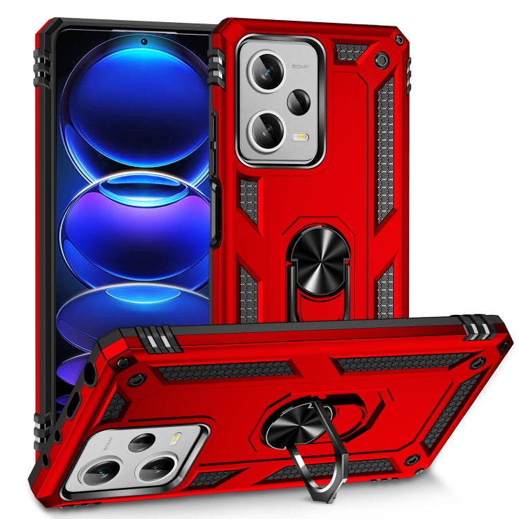 Red rugged phone case with camera cutouts and rotating kickstand ring holder