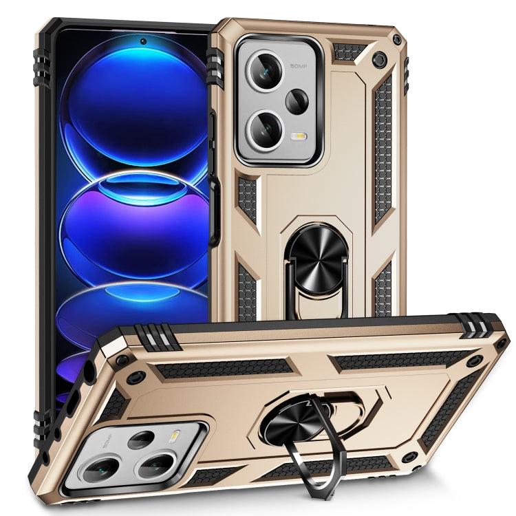 Gold rugged phone case with camera cutouts and rotating kickstand ring holder