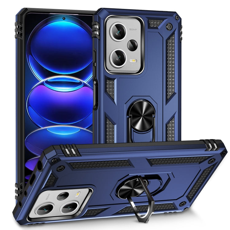 Blue rugged phone case with camera cutouts and rotating kickstand ring holder