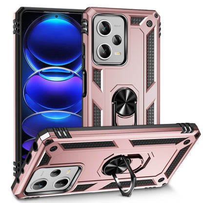 Rose pink rugged phone case with camera cutouts and rotating kickstand ring holder
