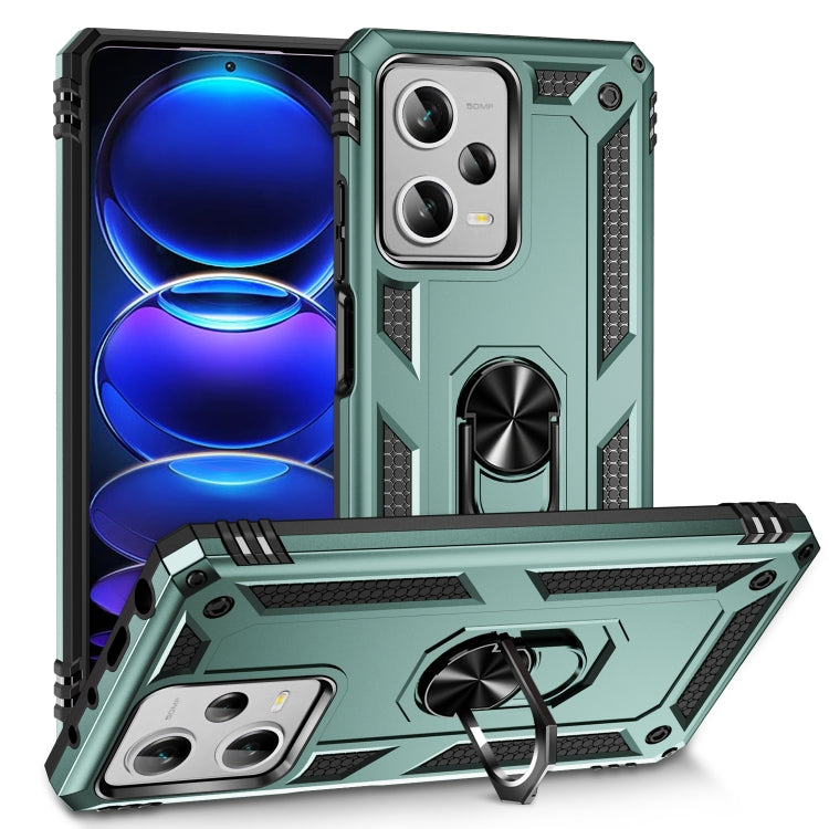 Shockproof phone case with built-in holder and rugged bumper, dark green