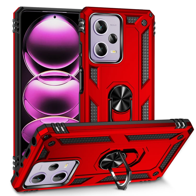 Shockproof phone case with built-in holder and rugged bumper, red