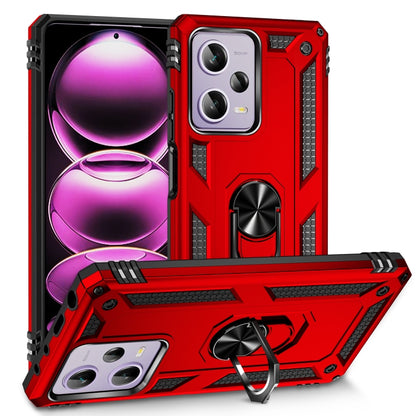Shockproof phone case with built-in holder and rugged bumper, red