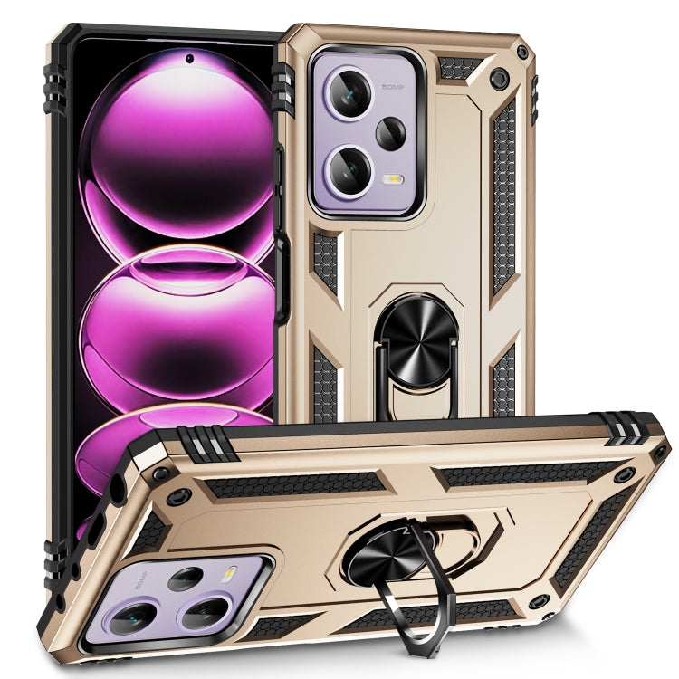 Shockproof phone case with built-in holder and rugged bumper, gold/beige