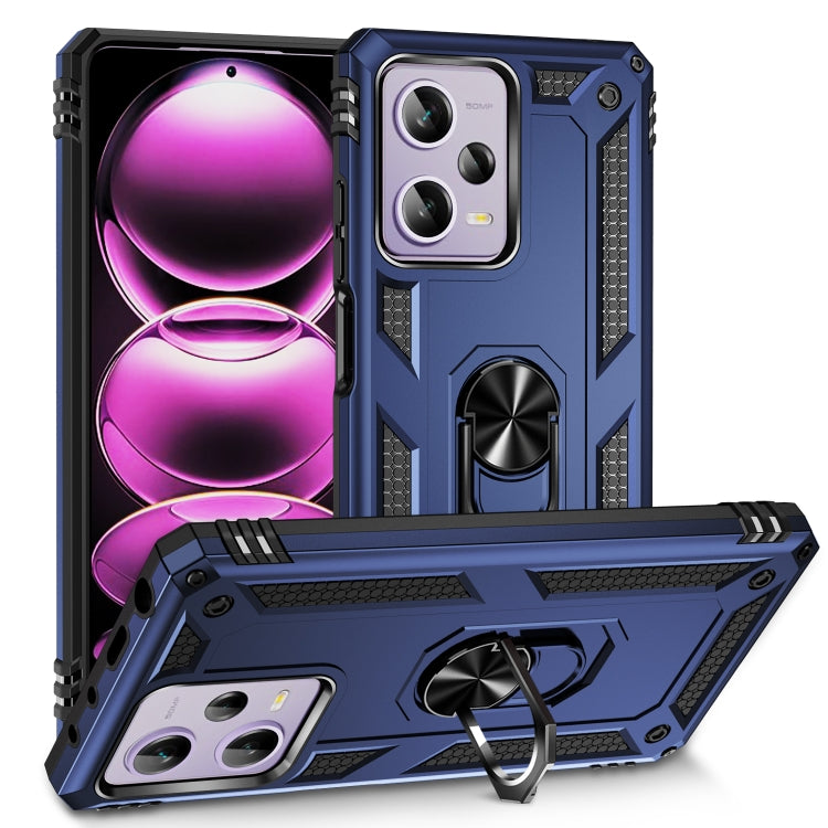 Shockproof phone case with built-in holder and rugged bumper, blue